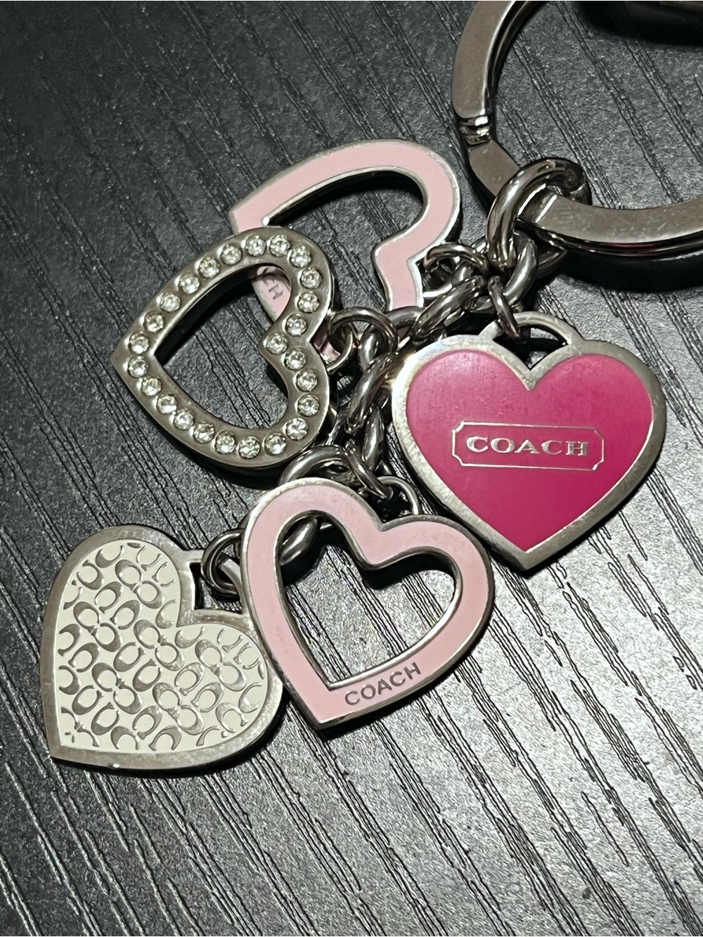 COACH Silver Heart Charm Keychain with Bright Pink & Light Pink Accents - Picture 3 of 4
